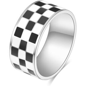 OIDIMS Fashion Checker Band Rings for Women Men Girls Boys Stainless Steel White Black Checkerboard Enamel Couple Rings Knuckle Statement Comfort Fit Hypoallergenic Gifts for Mom Birthday Xmas