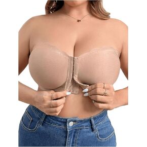 WDIRARA Women's Plus Size Solid Button Front Bandeau Bra Strapless Wireless Bras