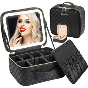 Makeup Travel Bag with LED Lighted Mirror Adjustable Brightness Portable Waterproof Makeup Case with Adjustable Dividers, Make up Train Case Organizer Makeup Brush Accessories and Tool Case