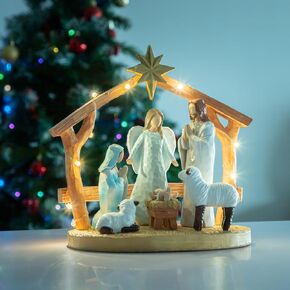 ZTL Nativity Scene Figurine with Lights, The Birth of Jesus Holy Family Manger Scene Nativity Sets for Christmas Indoor Home Tabletop Decorations, Religious Gift for Family Friends and Christian
