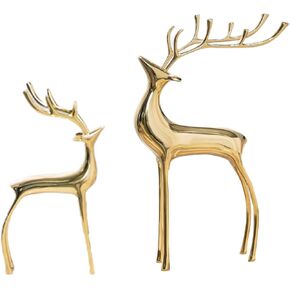 Reindeer Figurine Statues Deluxe Set of 2, Christmas Deer Pure Copper Heavy Reindeer Ornaments for Home Decor Accents Living Room Office Bookself Tabletop Mantle Christmas Decoration, Gold