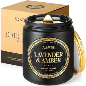 AOOVOO Lavender Amber Candle - Scented Candles Gifts for Men Women, Wood Wick Candles, Natural Soy Candle, 9 oz 50 Hours Burn, Candles for Home Scented