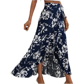 Milumia Women's Boho Floral Print Knot Side Split Wrap Flowy High Waisted Long Maxi Skirt