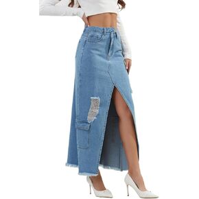 Womens Denim Skirt Elastic High Waist Split Front Frayed A-Line Sexy Cargo Maxi Jean Skirt with Pockets