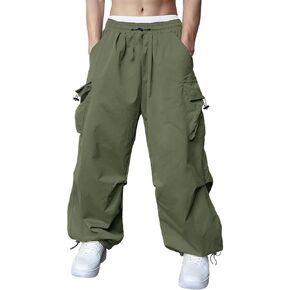 Susclude Parachute Cargo Pants for Men Loose Fit Baggy Sweatpants Casual Pant with Pocket Outdoor Drawstring Trousers