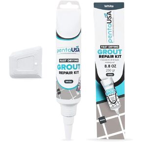 PentaUSA Tile Grout - White Grout Filler Repairs Renews Tube, Triple Protection, Fast Drying Grout Repair Kit, Odorless Grout Paint, Safe Formula - Restore and Renew Grout Line (White 8.8 oz - 250gr)