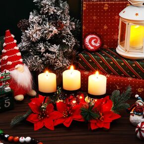 Sliner 2 Pcs Christmas Candle Holders Christmas Tabletop Centerpieces with 3 Candle Holders Xmas Poinsettia Candleholder for Home Party Xmas Table Decor(Red)
