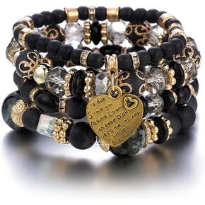 Vintage Beaded Bracelets Set for Women,Trendy Multilayer Stacking Elastic Bracelet,Colorful Crystal Beaded Heart Dangle Gold Charm Bangles