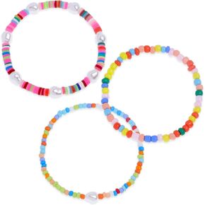 Rainbow Seed Beaded Pearl Clay Bracelets Set for Women, 3Pcs Cute Handmade Friendship Colorful Stretch Bracelets Festive Holiday Accessories Jewelry Gift.