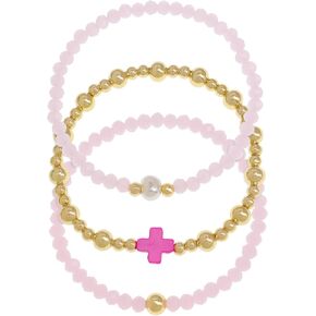 Gemstone Gold Beads Cross Stack Bracelets Set for Women, 3Pcs Boho Handmade Pearl Natural Stone Stretch Bracelet Holiday Prom Jewelry Gift.
