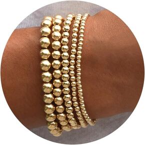17 MILE Gold Beaded Bracelet for Women, 14K Gold Plated Stackable Stretch Bead Ball Bracelet Set Adjustable 7"