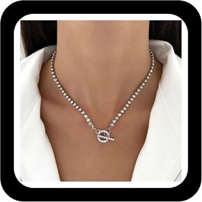 Diamond Tennis Choker Necklace Bling Cubic Zirconia Toggle Clasp Necklace Cz Tennis Chain Necklace OT Buckle Crystal Chain Necklace Jewelry for Women Men