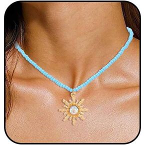 Tgirls Boho Beaded Necklace Crystal Sun Pendant Necklaces Opal Hippie Sun Choker Necklace Seed Bead Necklace Jewelry for Women