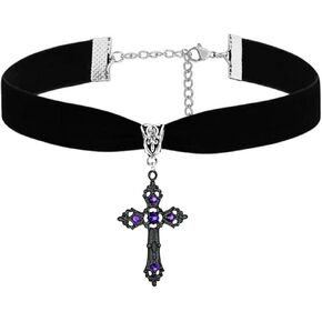 Gothic Cross Necklace,Vintage Red Purple Crystal Cross Pendent Necklace Black Velvet Choker Goth Halloween Christmas Witch Jewelry for Women