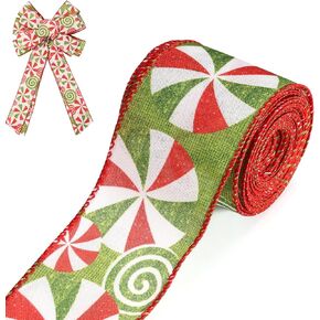 Christmas Ribbon for Tree, Red Green Funny Xmas Cartoon Character Ribbon Wired Peppermint Fabric Ribbon Gift Wrapping DIY Craft Wreath Bows Making Xmas Tree Decor Party Decoration, 10 Yards x 2.5inch