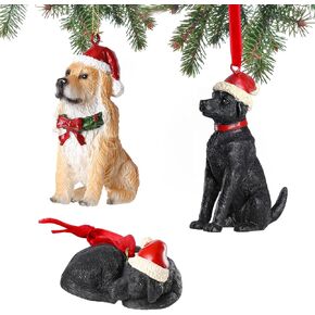 MUMTOP Christmas Ornaments, Resin Christmas Dog Figurines Ornaments Hanging Hand-Crafted Resin Holiday Labrador Golden Retriever Ornament for Christmas Tree Decorations, Set of 3