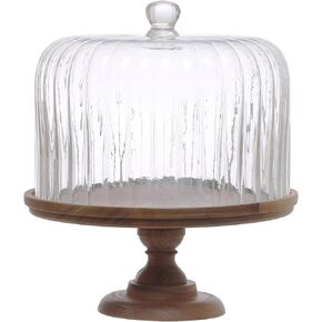 Creative Co-Op 12 Inches Round Acacia Wood Pedestal with Fluted Glass, Natural, Set of 2 Cloche