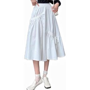 Women's Summer Cotton Linen Skirts Casual High Waist Pleated Elastic A-Line Midi Skirt with Pocket