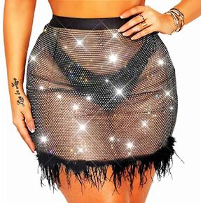 Mesh Rhinestone Skirt Black Mini Feather See Through Skirts Crystal Clubwear Rave Halloween Costume Skirt for Women
