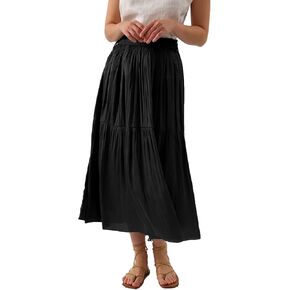 Amazhiyu Womens Pleated A Line High Waist Midi Skirt with Drawstring Elastic Waistband