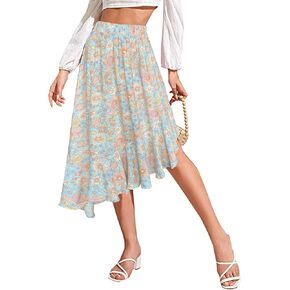 Sinono Women's Boho Floral Print High Waist High Low Asymmetric Split Ruffle Hem Midi Skirt