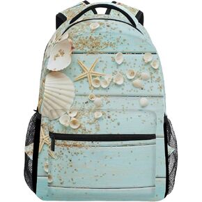 ZZKKO Beach Ocean Theme Starfish Seashell Wooden Style Boys Girls School Computer Backpacks Book Bag Travel Hiking Camping Daypack