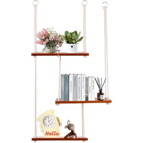 Hanging Shelves for Wall, 3 Tier Boho Wall Decor Hanging Plant Shelf Indoor Floating Shelves with Cute Woven Rope Rope Rustic Wood Organizer Storage Hanger for Living Room Nursery Bathroom Bedroom
