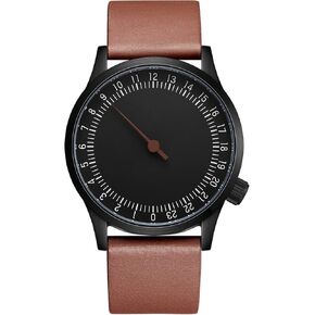 JIANDUN Swiss Movement Men's One Hand 24 Hour Watch Single Hand Black Case with Italian Leather Strap