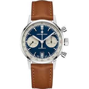 Hamilton Watch American Classic Intra-Matic Auto Chrono | Swiss Made | 40mm Stainless Steel Case | Blue Dial Analog Watch | Brown Leather Strap (Model: H38416541)
