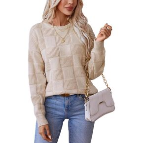 Xuan2Xuan3 Women Fall Crewneck Pullover Sweaters 2024 Solid Color Checkered Plaid Cozy Casual Loose Winter Knit Jumper Tops