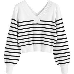 ZAFUL Women's Cropped Sweater V-Neck Long Sleeve Crop Sweater Pullover Jumper Knit Top (1-Stripewhite, S)