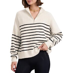 PrettyGuide Women's Long Sleeve Quarter Zip Oversized Pullover Striped Sweater Casual Mock Neck Loose Ribbed Knit Tops