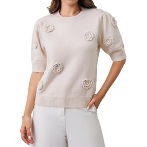 2025 Summer to Fall Puff Short Sleeve Sweater Crew Neck Floral Knit Tops Trendy Lightweight Pullover for Women