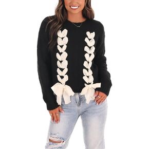 Women's Y2K Satin Ribbon Sweater Bow Lace Up Long Sleeve Knit Pullover Shirt Sweet Cute Cable Knitted Jumper Top
