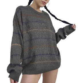 Womens Fall Oversized Color Block Sweaters 2025 Crewneck Knit Pullover Sweater Tops