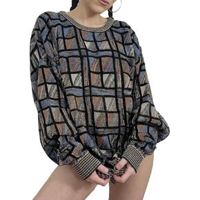 Womens Fall Oversized Checked Sweaters Crew Neck Knit Camel Printed Pullover Sweater Tops