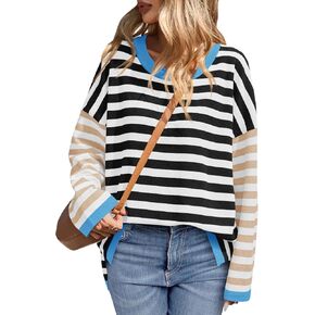 Saodimallsu Womens Striped Oversized Sweaters Color Block Crew Neck Long Sleeve Loose Knit Pullover Sweater
