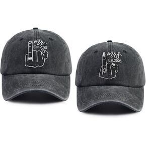 Set 2 of Mr and Mrs Est 2025 Hats for Men Women, Funny Cotton Embroidered Bride Groom Baseball Cap
