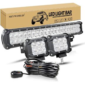 SKYWORLD Dual Row 20 inch 126W 10-30V LED Light Bar Waterproof Off Road Led Light Flood Spot Combo Beam for Offroad 4x4 + 2 x 18W 4 inch Flood LED Pods Work Light With Wiring Harness Kit