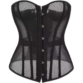 SHYMMUO Women's Black Corset Top Mesh Boned Body Shaper Sexy Lace Up Overbust Waist Trainer