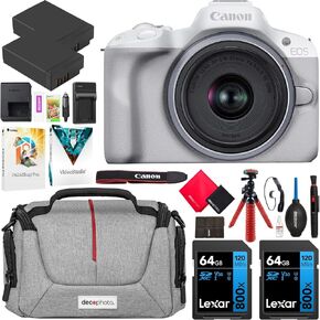 Canon EOS R50 Mirrorless Camera (Black) with RF-S 18-45mm F4.5-6.3 is STM Lens 5811C012 Bundle with Deco Gear Photography Bag + 2 x Battery + 2 x 64GB Memory Cards + Accessories Kit