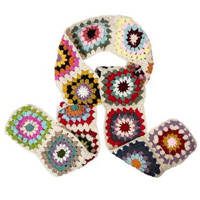 BIBITIME Handmade Knit Colorful Grid Floral Granny Square Scarf Crochet Warm Neck Warp Women Lady Winter (One Size, Multi Random)