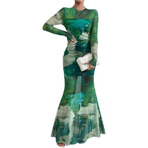 Women's Allover Print Tie-Dye Bodycon Dress Sheer Mesh Dress Crewneck Long Sleeve Long Dresses Ruffle Maxi Dress