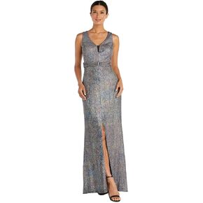 Long Rainbow Foil Dress W/V-Neck & Slit