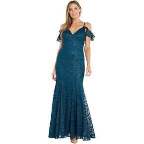 Long Sequin Lace Dress W/Godet Skirt & Flutter Cap Sleeves