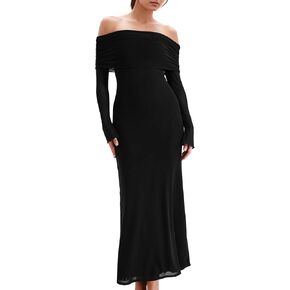 ISZPLUSH Women’s Bodycon Maxi Dress Sexy Off Shoulder Long Sleeve Mesh Party Formal Wedding Guest Cocktail Long Dress
