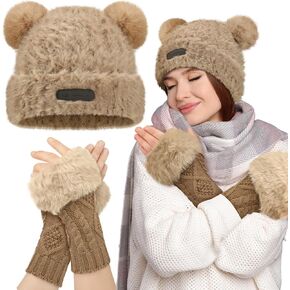 2 Pcs Cute Fuzzy Bear Ear Beanie Hat and Fingerless Gloves Set for Women Winter Warm Fuzzy Hat Furry Knit Fingerless Gloves Arm Warmers Hand Mittens Soft Thumb Hole Warm Wrist Short Cuff