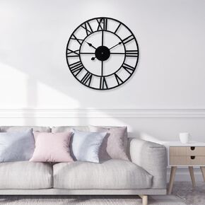 Large Wall Clock 32 Inch Black Roman Numerals Metal Clock Battery Operated Silent Non-Ticking Decor Clock Modern Round Oversize Wall Clocks for Home, Hotel, Office, Bedroom (Black, 32inch)