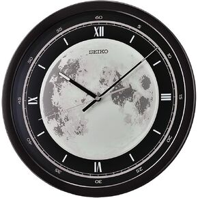 Seiko Glint - Analog Style - Roman Numerals - 16 Inch Metallic Black Plastic Easy to Read Wall Mounted Clock Time Keeper