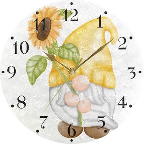 Cute Sunflower Gnome Wall Clock Silent Non Ticking Modern Art Round Wall Clock Hanging Battery Operated Clock for Kitchen Living Room Bedroom Decor